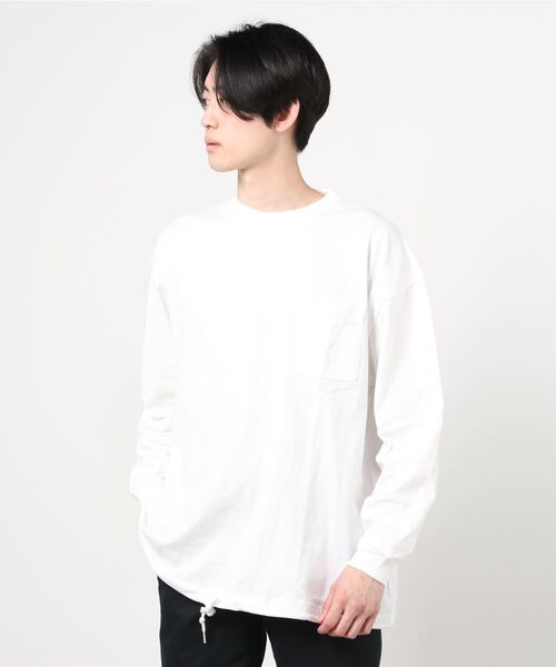 Beno(ビーノ)の「USAコットン ヘビー天竺 裾スピンドル ルーズシルエット ポケット ロングスリーブTEE(Tシャツ/カットソー・メンズ・オフホワイト/グレイッシュブルー/ブルーグリーン/サンドベージュ/ラベンダー/ブラック・FREE)」の10枚目の写真