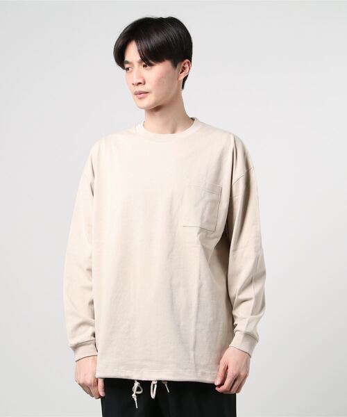 Beno(ビーノ)の「USAコットン ヘビー天竺 裾スピンドル ルーズシルエット ポケット ロングスリーブTEE(Tシャツ/カットソー・メンズ・オフホワイト/グレイッシュブルー/ブルーグリーン/サンドベージュ/ラベンダー/ブラック・FREE)」の12枚目の写真