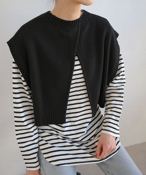 ANDJ(アンドジェイ)の「2WAY鹿の子編みスリットニットベスト(ベスト・レディース・ブラウン/ピンク/グリーン/モカ/ライトベージュ/グリーン系その他/ブラック・M)」の2枚目の写真