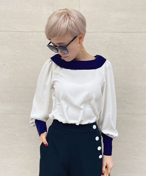 JENNE（ジェンヌ）の「ローカラーモダン配色ブラウス（シャツ/ブラウス・レディース・ネイビー/ホワイト・SMALL/MEDIUM/LARGE）」の2枚目の写真