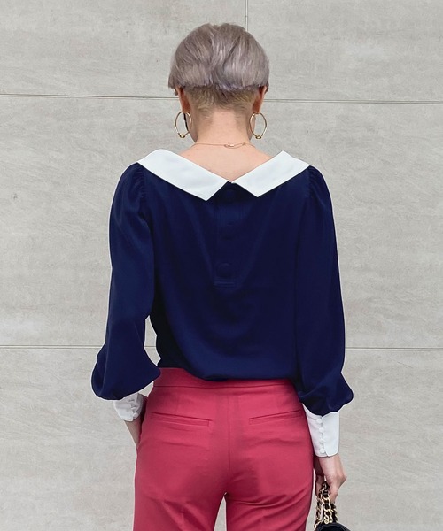 JENNE（ジェンヌ）の「ローカラーモダン配色ブラウス（シャツ/ブラウス・レディース・ネイビー/ホワイト・SMALL/MEDIUM/LARGE）」の6枚目の写真