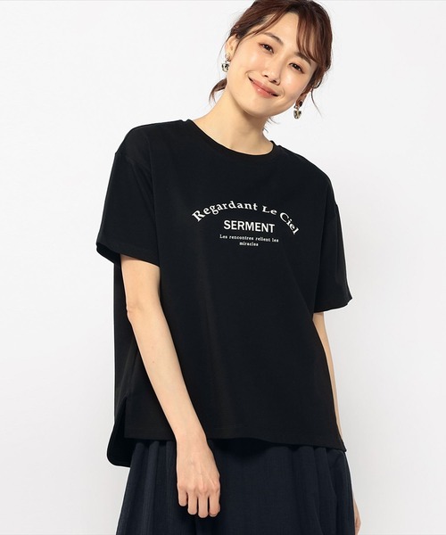 Petit Honfleur(プチオンフルール)の「配色ロゴプリントTシャツ(Tシャツ/カットソー・レディース・ブラック/ホワイト/モカ/ラベンダー・L/M)」の1枚目の写真