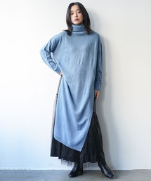 タートルネックサイドスリットニットロングワンピース