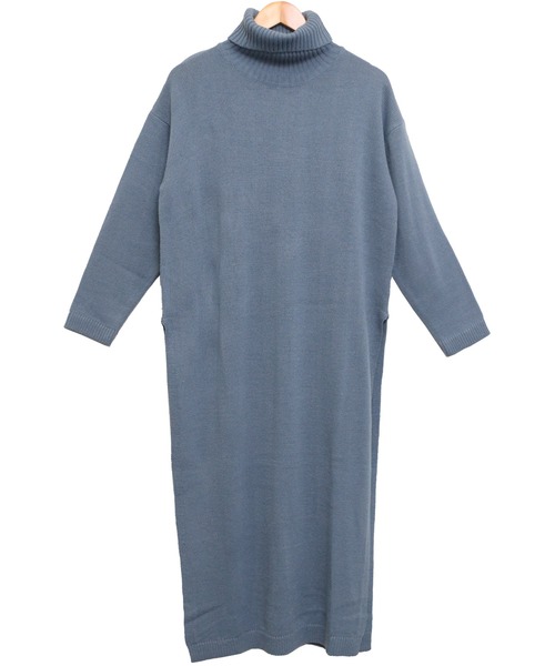 セール】タートルネックサイドスリットニットロングワンピース