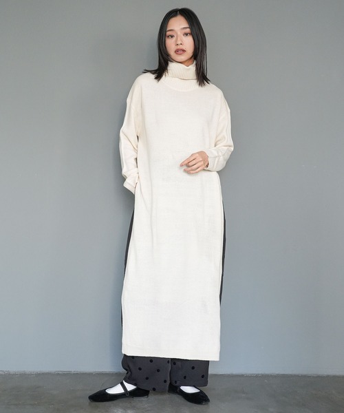 セール】タートルネックサイドスリットニットロングワンピース