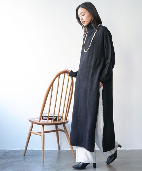 セール】タートルネックサイドスリットニットロングワンピース