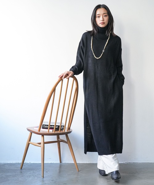 セール】タートルネックサイドスリットニットロングワンピース