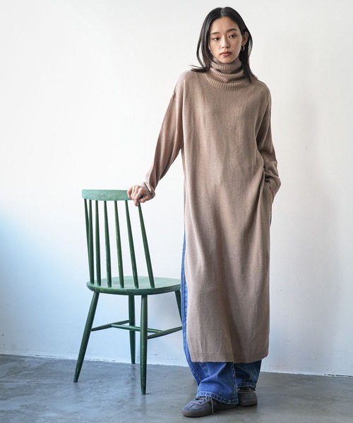 セール】タートルネックサイドスリットニットロングワンピース