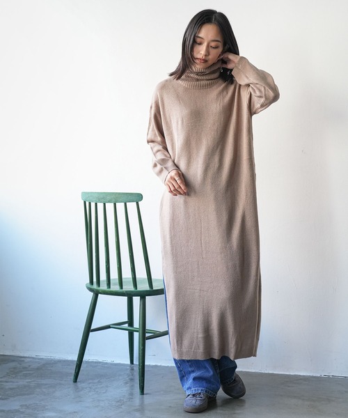 セール】タートルネックサイドスリットニットロングワンピース