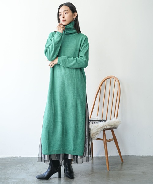 セール】タートルネックサイドスリットニットロングワンピース