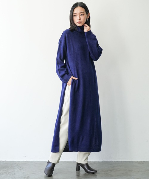 セール】タートルネックサイドスリットニットロングワンピース