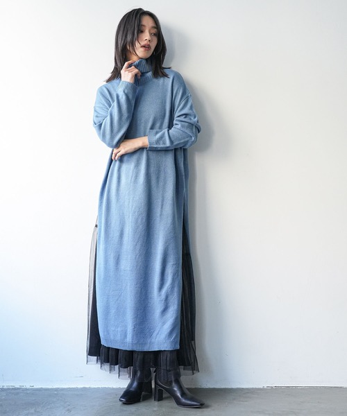 セール】タートルネックサイドスリットニットロングワンピース