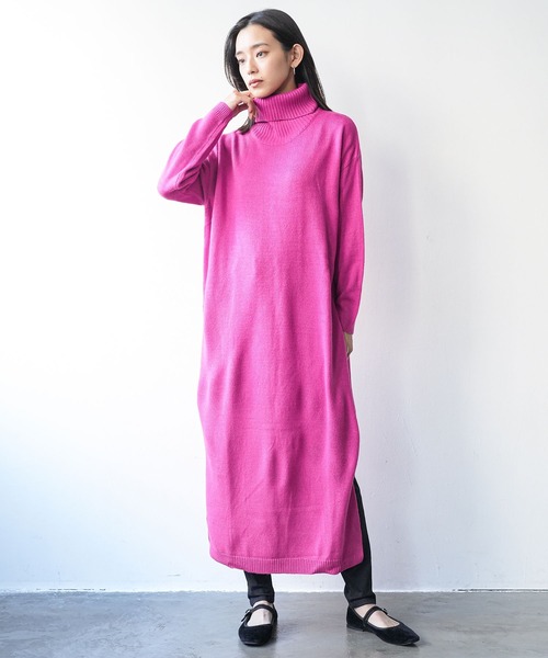 セール】タートルネックサイドスリットニットロングワンピース