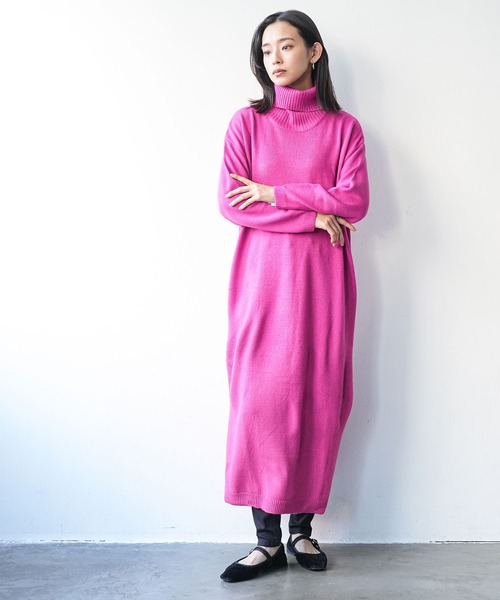 セール】タートルネックサイドスリットニットロングワンピース