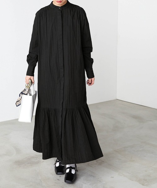 forksy.（フォルクシー）の「【forksy.】シャドーストライプ裾ティアード切り替えシャツワンピース（シャツワンピース・レディース・ホワイト/ブラック/ミント/サックスブルー/ベージュ系/ネイビー/グレー/ピンク/アイボリー・FREE）」の3枚目の写真