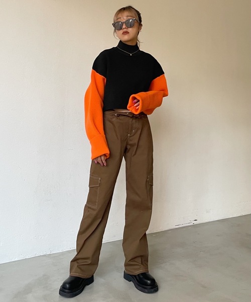 SHAGGIE（シャギー）の「切り替え配色タートルショートニット（ニット/セーター・レディース・グリーン/パープル/オレンジ・FREE）」の20枚目の写真