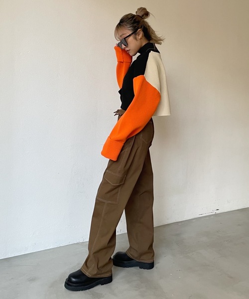 SHAGGIE（シャギー）の「切り替え配色タートルショートニット（ニット/セーター・レディース・グリーン/パープル/オレンジ・FREE）」の13枚目の写真