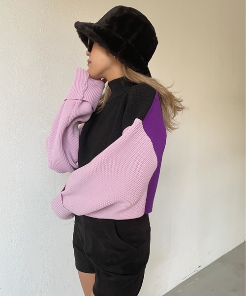 SHAGGIE（シャギー）の「切り替え配色タートルショートニット（ニット/セーター・レディース・グリーン/パープル/オレンジ・FREE）」の14枚目の写真