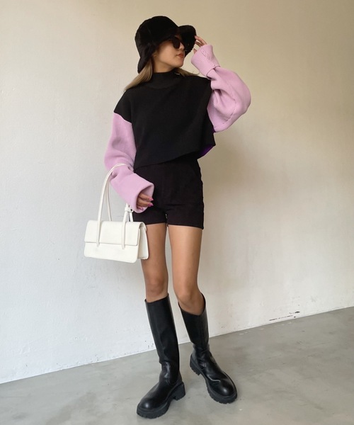 SHAGGIE（シャギー）の「切り替え配色タートルショートニット（ニット/セーター・レディース・グリーン/パープル/オレンジ・FREE）」の22枚目の写真