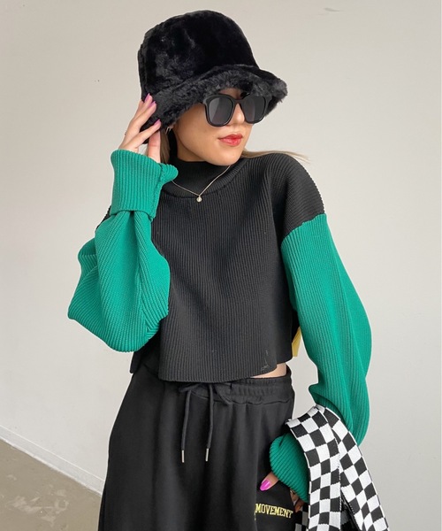 SHAGGIE（シャギー）の「切り替え配色タートルショートニット（ニット/セーター・レディース・グリーン/パープル/オレンジ・FREE）」の16枚目の写真