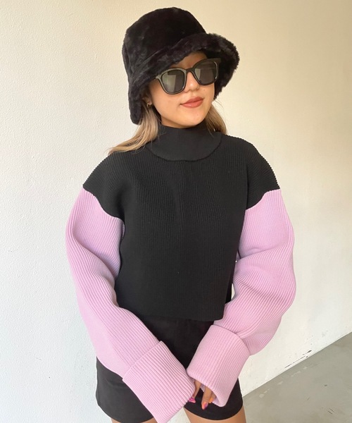 SHAGGIE（シャギー）の「切り替え配色タートルショートニット（ニット/セーター・レディース・グリーン/パープル/オレンジ・FREE）」の8枚目の写真