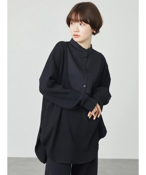 AMERICAN HOLIC(アメリカンホリック)の「バンドカラー異素材ワッフルチュニック(Tシャツ/カットソー・レディース・オフホワイト/ブラック・M/L)」の4枚目の写真