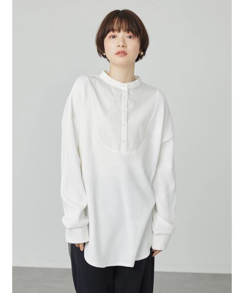 AMERICAN HOLIC(アメリカンホリック)の「バンドカラー異素材ワッフルチュニック(Tシャツ/カットソー・レディース・オフホワイト/ブラック・M/L)」の7枚目の写真