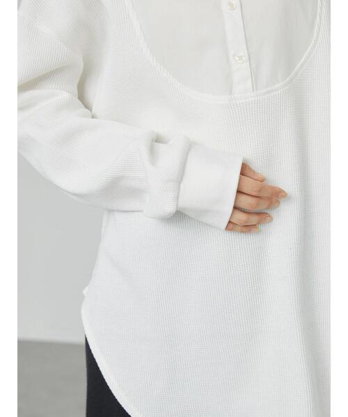AMERICAN HOLIC(アメリカンホリック)の「バンドカラー異素材ワッフルチュニック(Tシャツ/カットソー・レディース・オフホワイト/ブラック・M/L)」の11枚目の写真