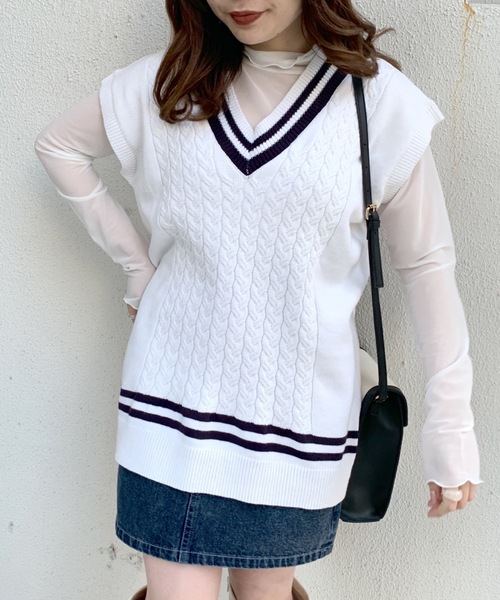 OLIVE des OLIVE(オリーブデオリーブ)の「ライン入りベスト/ニットベスト(ベスト・レディース・ベージュ/ネイビー/オフホワイト・FREE)」の6枚目の写真