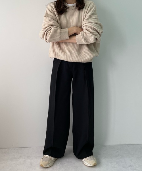 LE MORE（リモア）の「センタープレスタックワイドパンツ（スラックス・レディース・ブラック/アイボリー/チャコール・S/M）」の4枚目の写真