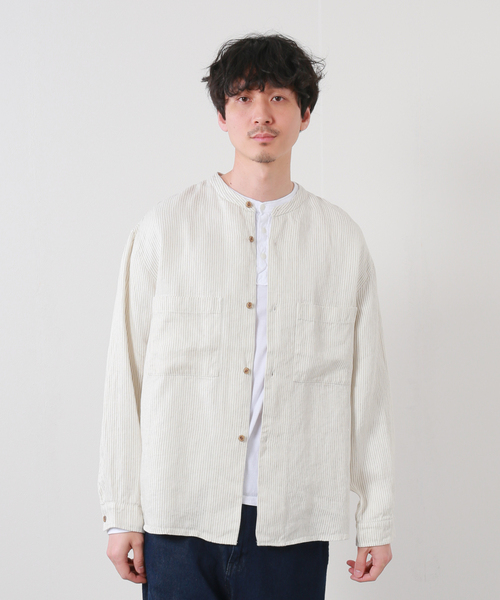 JOURNAL STANDARD(ジャーナルスタンダード)の「リネン パターン バンドカラーCPOシャツ(シャツ/ブラウス・メンズ・ホワイト系その他/ベージュ/ベージュ系その他・SMALL/MEDIUM/LARGE)」の1枚目の写真