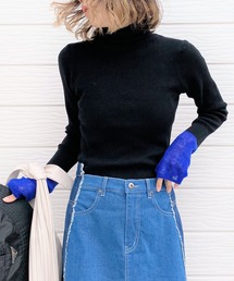 Q | リブタートル袖バイカラーニット(ニット/セーター)