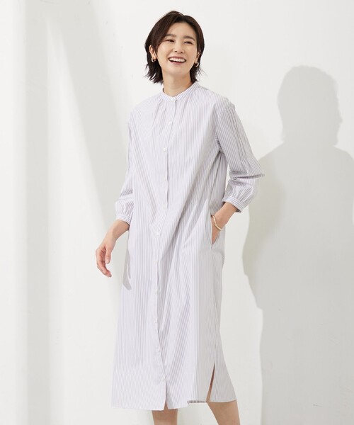 J.PRESS Ladies(J.プレス レディス)の「【WEB限定カラーあり・洗える・接触冷感・UVカット・イージーケア】 エステネージュストライプ ワンピース(ワンピース・レディース・ライトグレー系1/ブルー系1/サックスブルー系1/ネイビー系1・XS)」の1枚目の写真