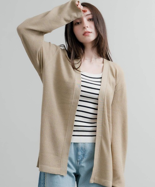 リネンライク サマーニット 鹿の子編み ボタンレスカーディガン