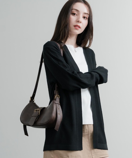 リネンライク サマーニット 鹿の子編み ボタンレスカーディガン