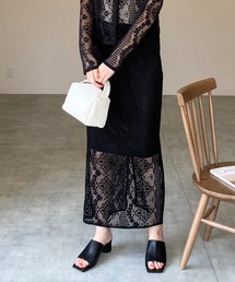 カットワークレースバックスリット入りハイウエストタイトナローロングスカート