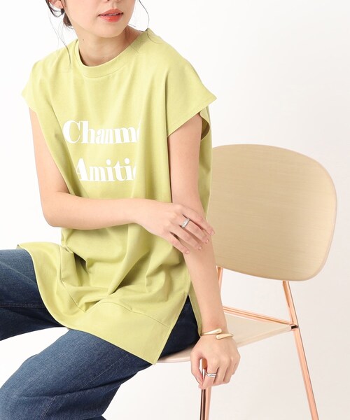 DRESKIP（ドレスキップ）の「◆大人の抜け感 フレンチスリーブ ゆるロゴTシャツ（Tシャツ/カットソー・レディース・ライトベージュ/オフホワイト/チャコールグレー/黄緑系・02/03/04）」の4枚目の写真