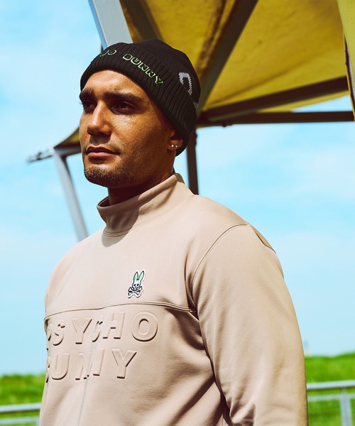 サイコバニー　ジップ　ニットジャケット　蓄熱　スカルラビット　クリーム　Mサイズ バニーロゴパターン スタンドカラーニット｜Psycho Bunny｜サイコ