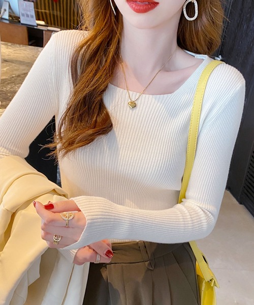 Primazel（プリマゼル）の「スクエアネックリブ春ニットトップス（ニット/セーター・レディース・ブラック/ネイビー/グレー/ホワイト・M）」の5枚目の写真