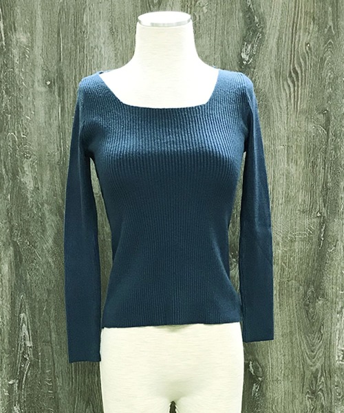 Primazel（プリマゼル）の「スクエアネックリブ春ニットトップス（ニット/セーター・レディース・ブラック/ネイビー/グレー/ホワイト・M）」の12枚目の写真