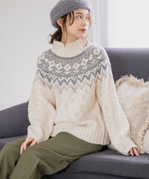 studio CLIP(スタディオクリップ)の「3ゲージ スラビーノルディックプルオーバー(ニット/セーター・レディース・ライトブルー/ライトグレー/オフホワイト・FREE)」の2枚目の写真