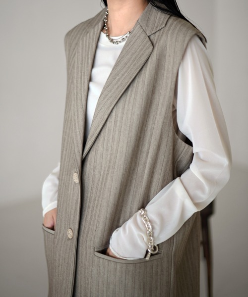 Marient(マリエント)の「ピンストライプスリーブレスJK/ジャケット(テーラードジャケット・レディース・チャコール/ベージュ・FREE)」の3枚目の写真