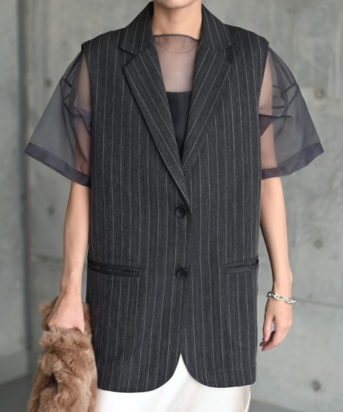 Marient(マリエント)の「ピンストライプスリーブレスJK/ジャケット(テーラードジャケット・レディース・チャコール/ベージュ・FREE)」の17枚目の写真