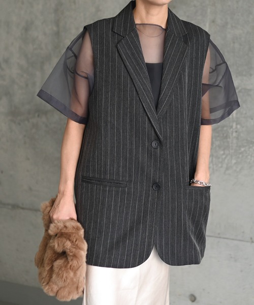 Marient(マリエント)の「ピンストライプスリーブレスJK/ジャケット(テーラードジャケット・レディース・チャコール/ベージュ・FREE)」の18枚目の写真