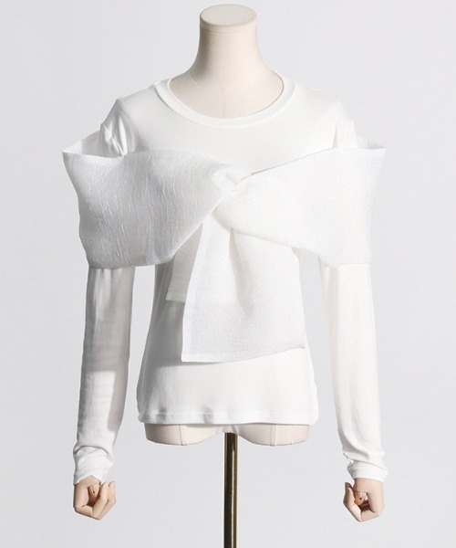 ドゥロワー　異素材トップス　ホワイト 異素材フロントひねりデザインロンT（Tシャツ/カットソー）｜deux