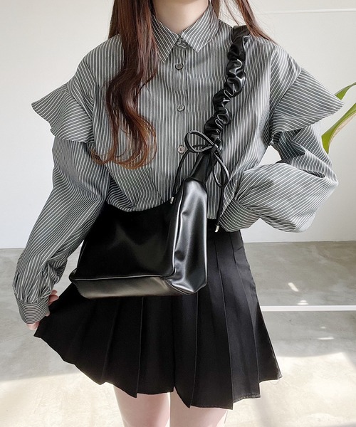 Nana（ナナ）の「ストライプフリルブラウス（シャツ/ブラウス・レディース・ブラック/ホワイト・FREE）」の8枚目の写真