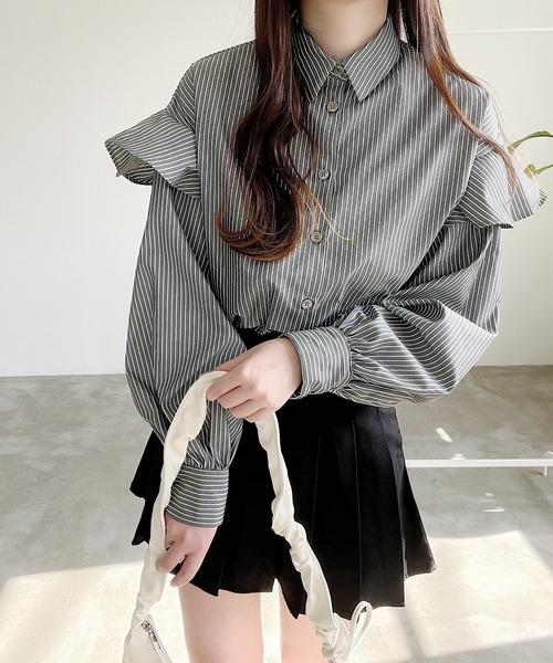 Nana（ナナ）の「ストライプフリルブラウス（シャツ/ブラウス・レディース・ブラック/ホワイト・FREE）」の10枚目の写真