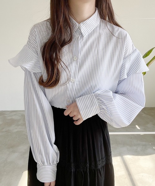Nana（ナナ）の「ストライプフリルブラウス（シャツ/ブラウス・レディース・ブラック/ホワイト・FREE）」の4枚目の写真