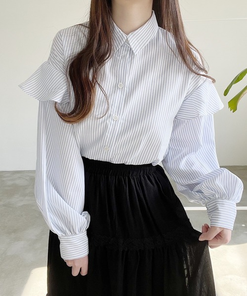 Nana（ナナ）の「ストライプフリルブラウス（シャツ/ブラウス・レディース・ブラック/ホワイト・FREE）」の5枚目の写真