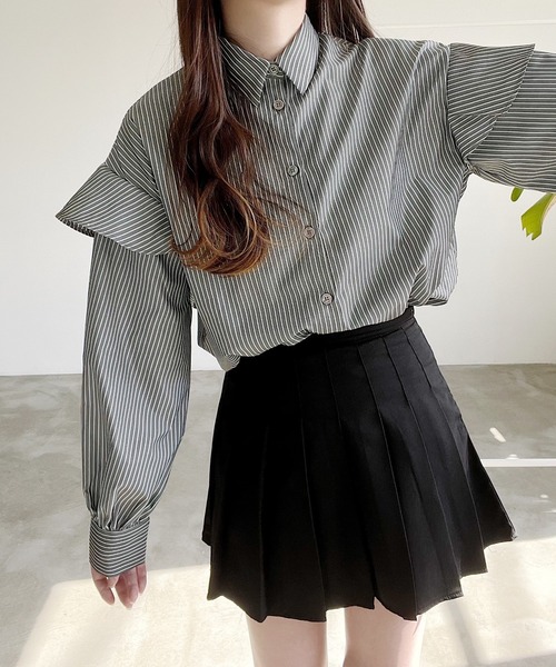 Nana（ナナ）の「ストライプフリルブラウス（シャツ/ブラウス・レディース・ブラック/ホワイト・FREE）」の7枚目の写真